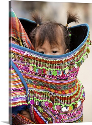 Vietnam, Lao Cai Province, Bac Ha, baby girl peeps out from her baby carrier
