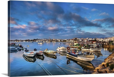 View from fishing harbour towards old town, Lagos, Algarve, Portugal
