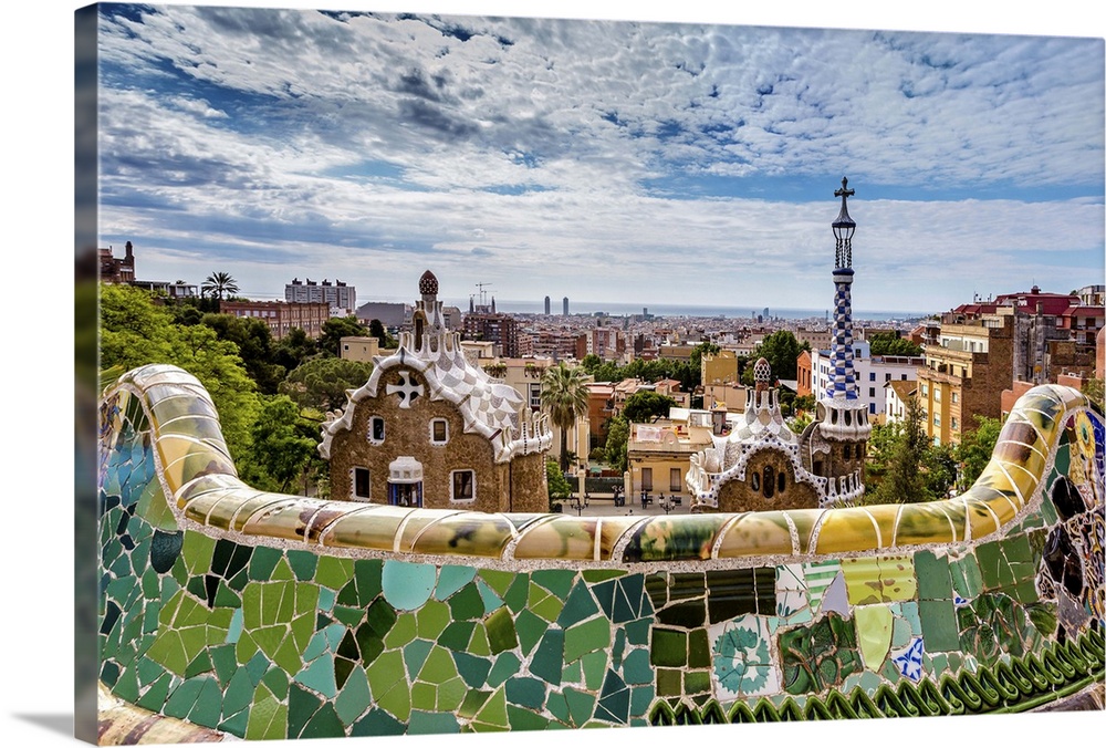 View from Parc Guell towards city, Barcelona, Catalonia, Spain
