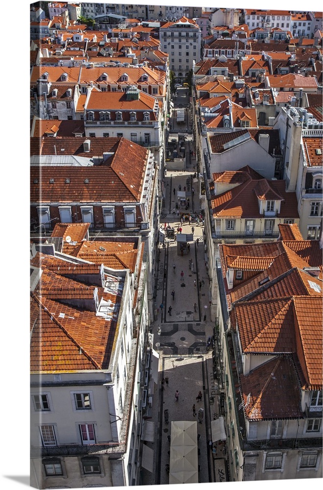 View from the Santa Justa Lift in Lisbon designed by the Engineer Raul Mesnier du Ponsard looking down on Rua de Santa Jus...