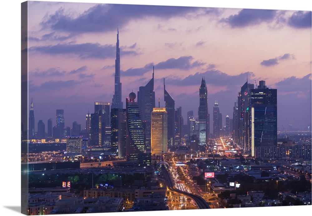 View of downtown Dubai at dusk, United Arab Emirates, U.A.E.