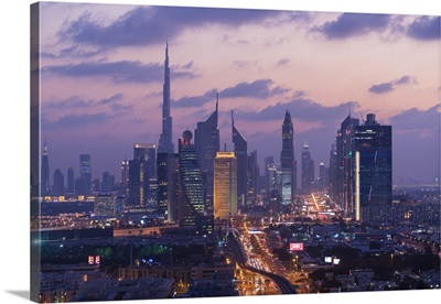 View of downtown Dubai at dusk, United Arab Emirates, U.A.E