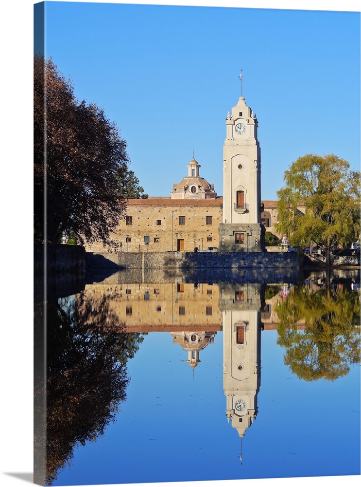 Argentina, Cordoba Province, Alta Gracia, View of El Tajamar Water Reservoir build by Jesuits, the Clock Tower and the Jes...