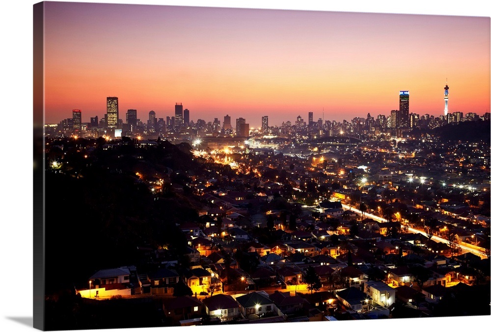 View of Johannesburg skyline at sunset, Gauteng, South Africa Wall Art, Canvas Prints, Framed