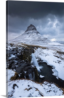 View Of Kirkjufell Mount At Sunset In Winter, Iceland