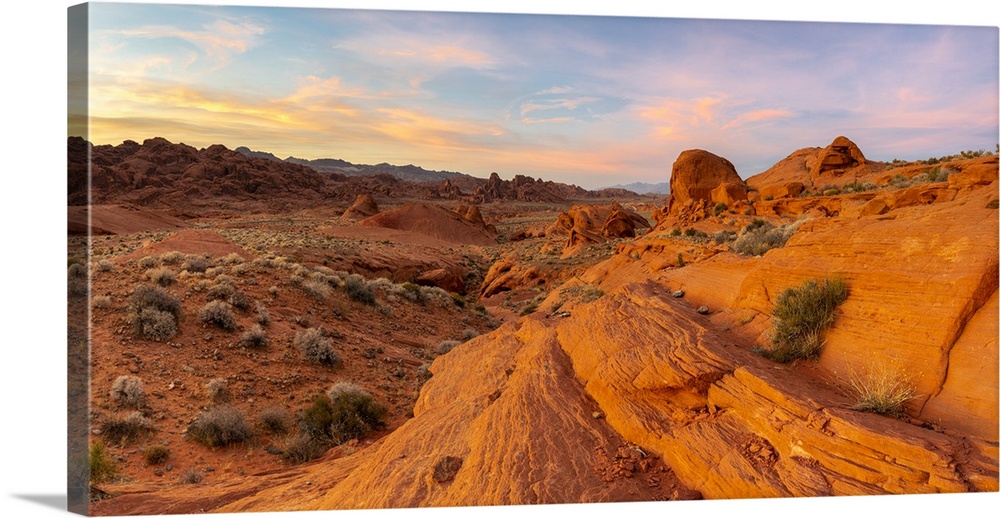 Panoramic view of red rocks at White Domes area before sunset, Valley of Fire State Park, Nevada, Western United States, USA