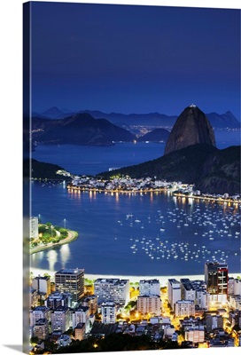 View of Sugar Loaf Mountain  and Botafogo Bay at dusk, Rio de Janeiro, Brazil