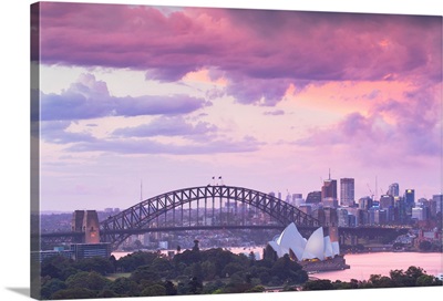 View Of Sydney Harbour Bridge And Sydney Opera House At Sunset, Sydney, Australia