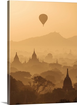 View Of Temples And Hot Air Balloons At Dawn, Bagan, Mandalay Region, Myanmar