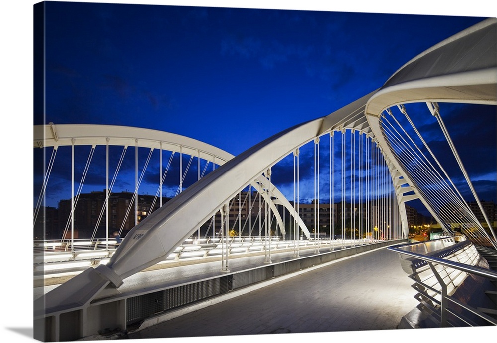 View of the Bac de Roda Bridge designed by the architect Santiago Calatrava Valls, by twilight in Provencals, Santa Coloma...