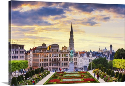 View Of The Brussels Town Hall And The Mont Des Arts Park At Dusk, Belgium