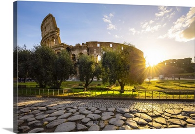 View Of The Colosseum During A Winter Sunrise From The Via Sacra, Rome, Lazio, Italy