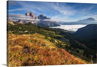 View of Tofane and Cristallo groups from Giau pass, Italy