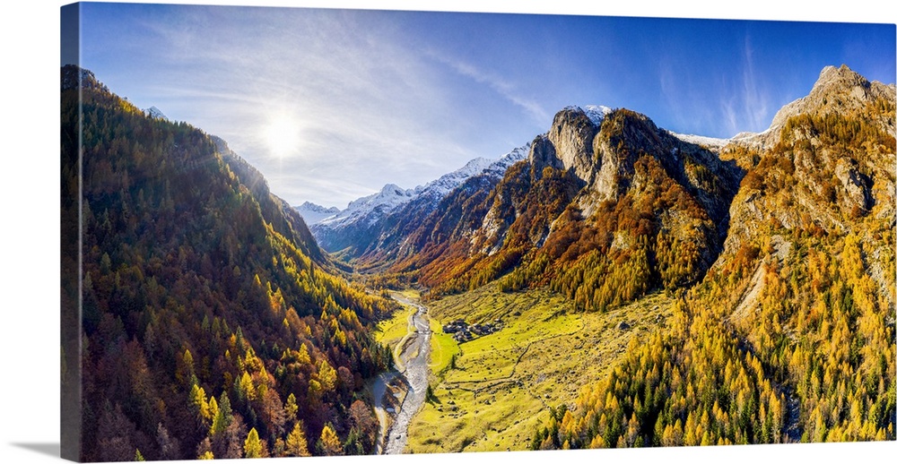 Panoramic aerial view of Val Bodengo during autumn. Valchiavenna, Valtellina, Lombardy, Italy.