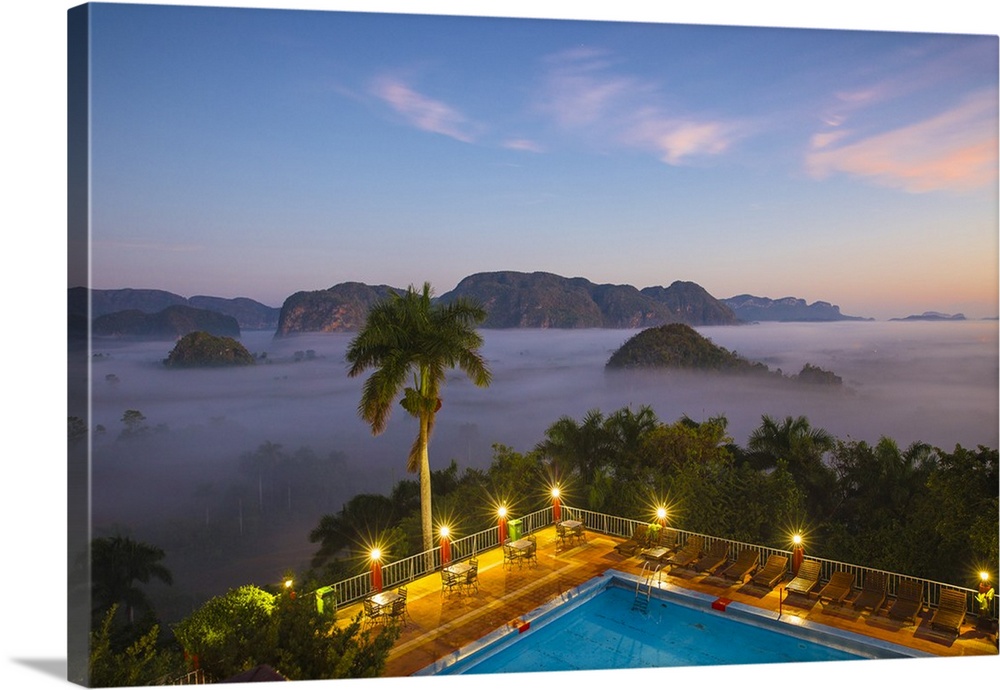 Cuba, Pinar del Rio Province, Vinales, View over Hotel Horizontes Los Jazmines swimming pool to Vinales valley