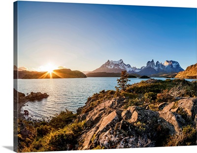 View Over Lake Pehoe Towards Paine Grande, Cuernos Del Paine, Sunset, Patagonia, Chile