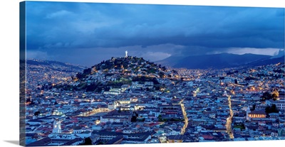 View Over Old Town Towards El Panecillo Hill At Twilight, Quito, Ecuador