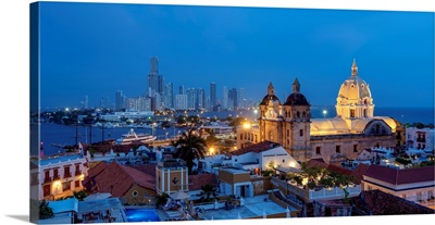View Over Old Town Towards San Pedro Church, Bocagrande, Dusk, Cartagena, Colombia