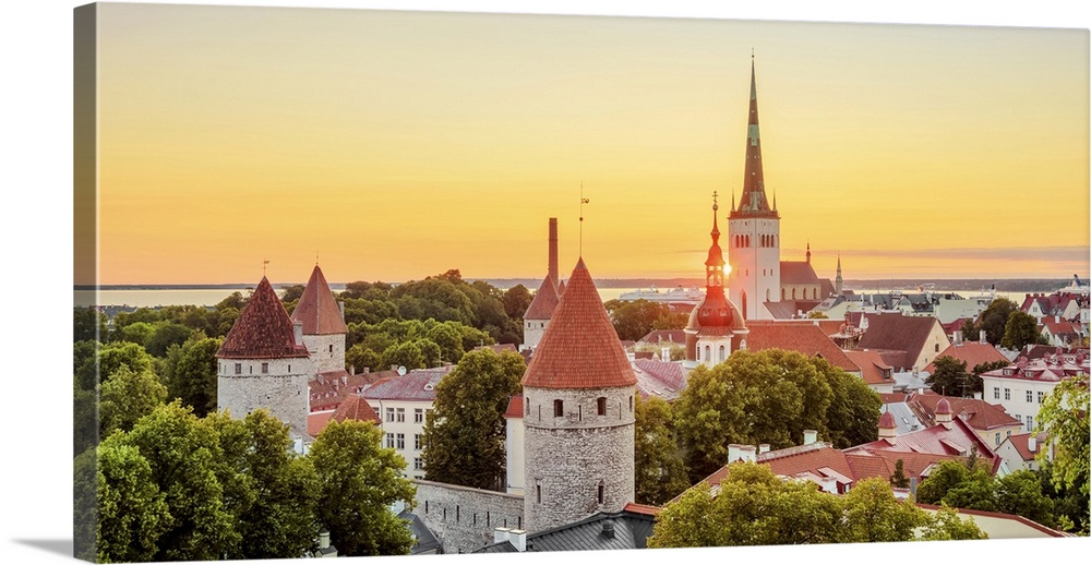 View over the Old Town towards St. Olaf's Church at sunrise, Tallinn, Estonia