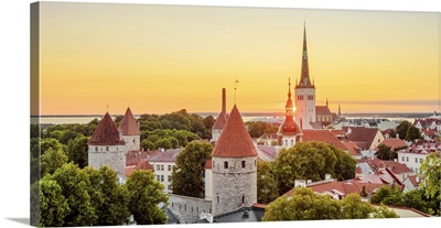 View Over The Old Town Towards St. Olaf's Church At Sunrise, Tallinn, Estonia