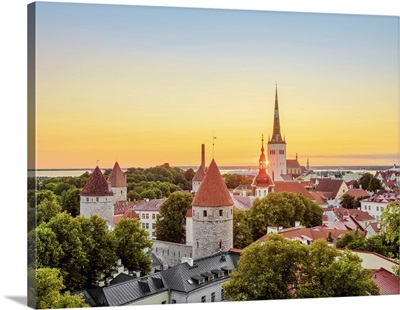 View Over The Old Town Towards St. Olaf's Church At Sunrise, Tallinn, Estonia