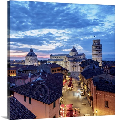View Over Via Santa Maria Towards Cathedral And Leaning Tower At Dusk, Pisa, Italy