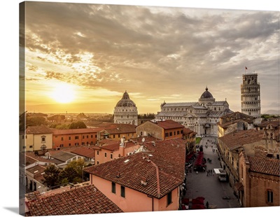 View Over Via Santa Maria Towards Cathedral And Leaning Tower At Sunset, Pisa, Italy