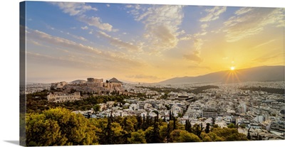 View Towards Acropolis At Sunrise, Athens, Attica, Greece