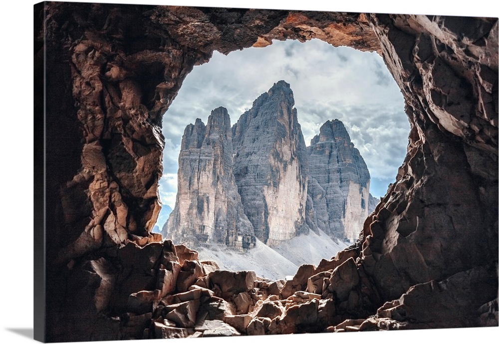 Tre Cime Di Lavaredo (Drei Zinnen) Views From A Hole In The Rock Of The First World War, Dolomites, Auronzo Di Cadore, Bel...