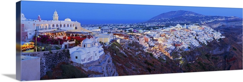 Volcanic landscape and main town of Fira, Santorini, Cyclades Islands ...