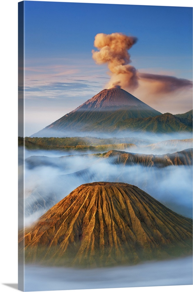Volcanic landscape with Semeru, Batok. Indonesia, Java, Tengger Caldera, from Mount Pananjakan. Sunda Arc, Bromo-Tengger-S...