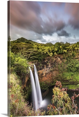 Wailua waterfalls at sunset seen from the lookout, Hawaii