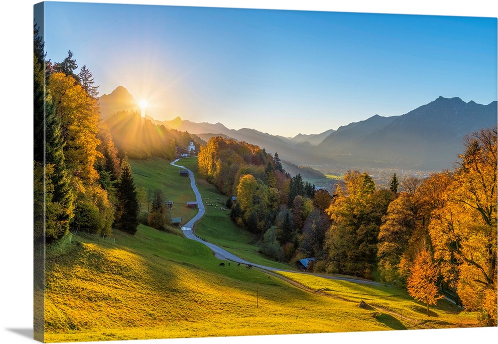 Wamberg, Garmisch Partenkirchen, Bavaria, Germany, Europe. Wamberg Village At Sunset With Zugspitze Mountain In The Backgr...