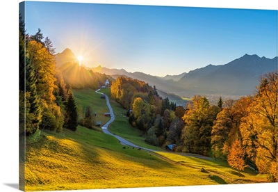 Wamberg Village At Sunset With Zugspitze Mountain, Bavaria, Germany