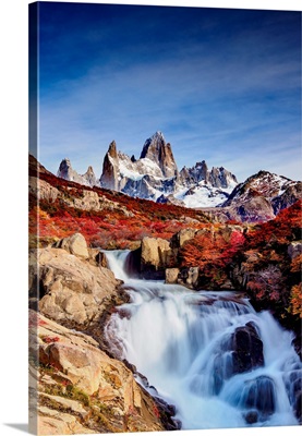 Waterfall On Arroyo Del Salto And Mount Fitz Roy, Patagonia, Argentina