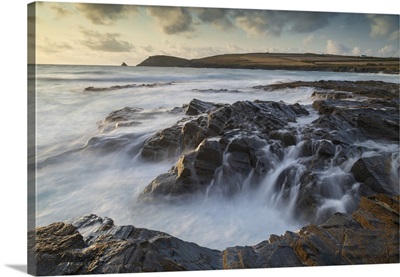 Waves Crash Over The Rocky Ledges Of Booby's Bay In North Cornwall, England