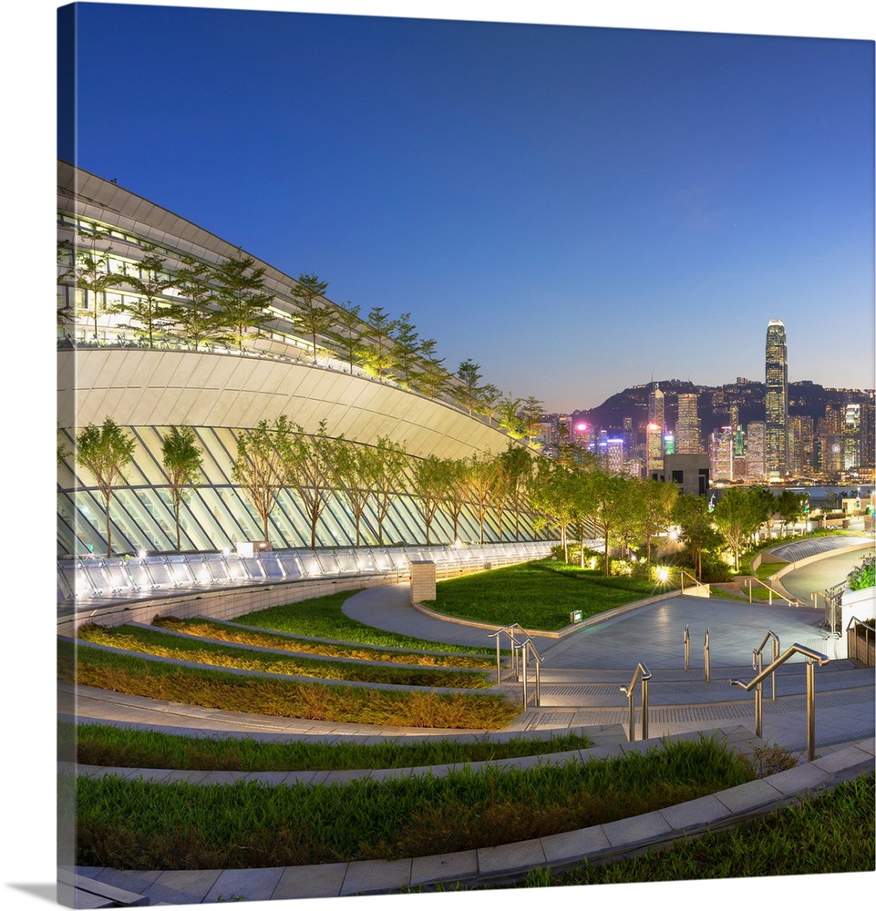 West Kowloon High Speed Rail Station and skyline at dusk, Kowloon, Hong Kong.