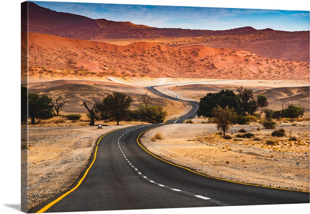 Sossusvlei, Namib-Naukluft National Park, Namibia, Africa. Winding Paved Road Among The Sand Dunes.