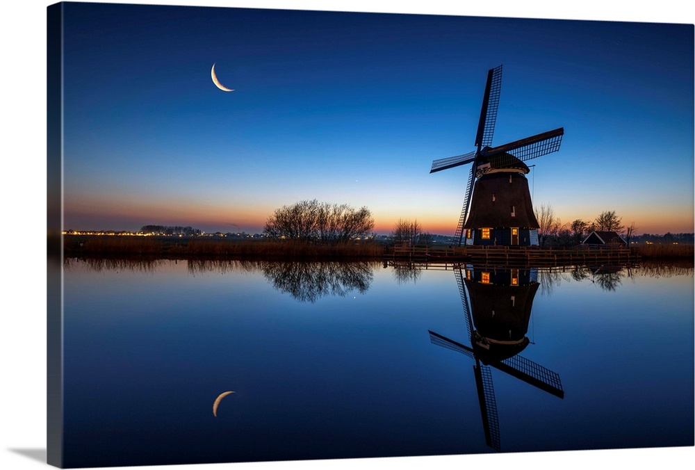 Windmill at Twilight, Holland, Netherlands.