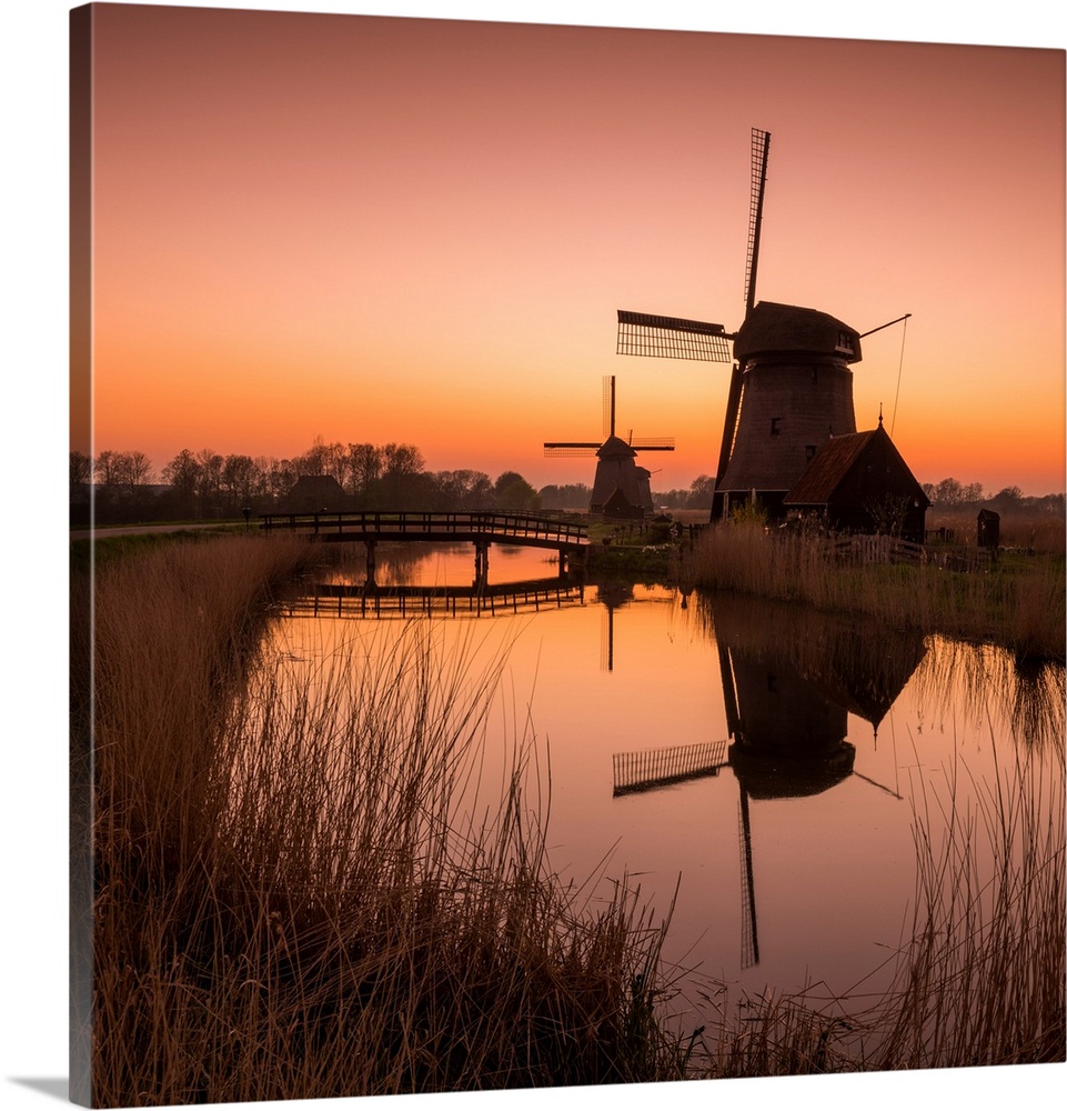 Windmills at Sunrise, Oterleek, Holland, Netherlands.