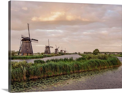 Windmills In Kinderdijk At Sunset, South Holland, The Netherlands