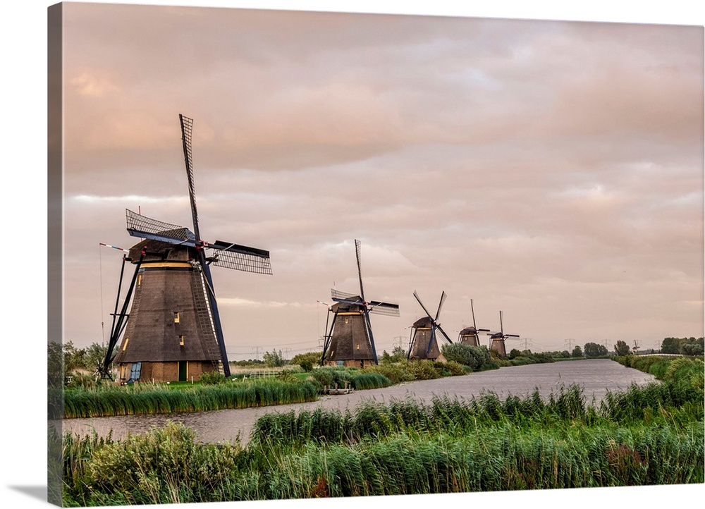 Windmills In Kinderdijk At Sunset, UNESCO World Heritage Site, South Holland, The Netherlands
