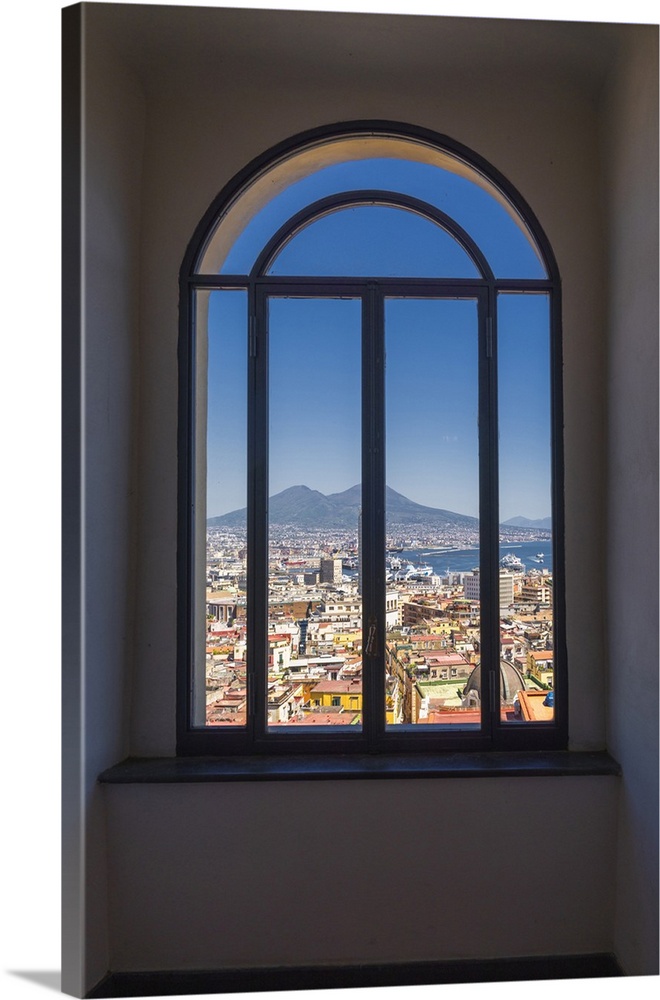 Window On Naples, Campania, Italy, Vesuvius And Cityscape