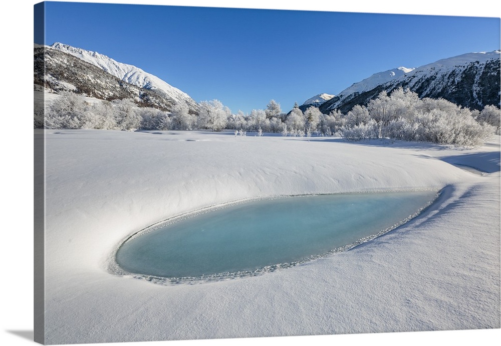 Winter landscape with trees covered in hoarfrost and frozen pond. Celerina, Engadin, Graubunden, Switzerland.
