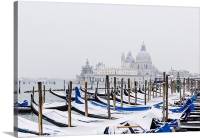 Winter Snowfall With Gondolas And The Church Of Santa Maria Della Salute, Venice, Italy