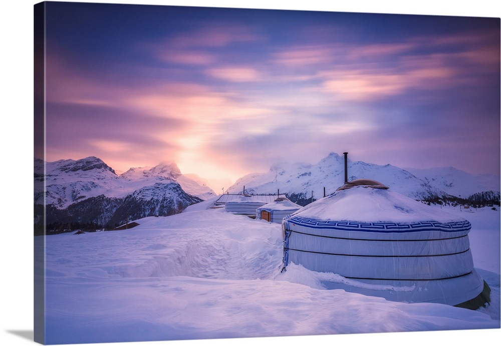 Winter sunset at Mongolian tent at Alp Flix, Sur, Surses, Parc Ela, Region of Albula, Canton of Graubunden, Switzerland, E...