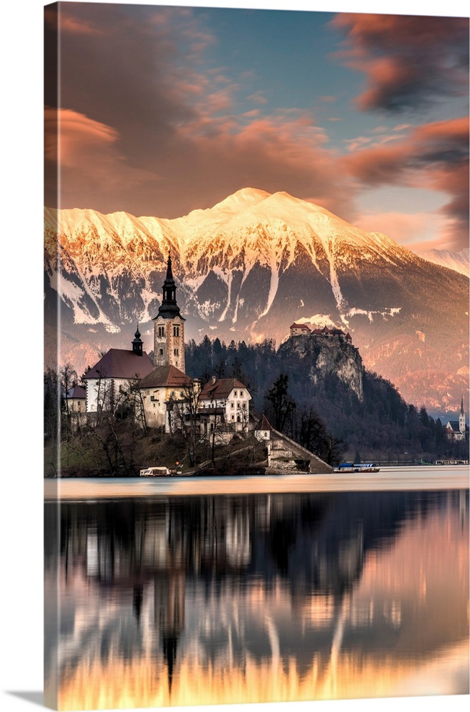 Winter Sunset Over Church Of The Assumption Of Mary, Lake Bled, Upper Carniola, Slovenia