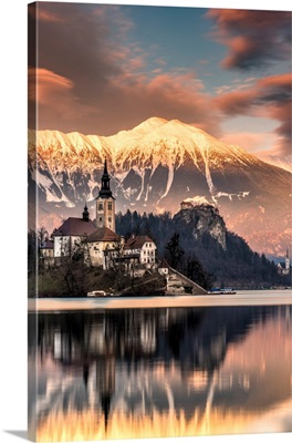Winter Sunset Over Church Of The Assumption Of Mary, Lake Bled, Upper Carniola, Slovenia