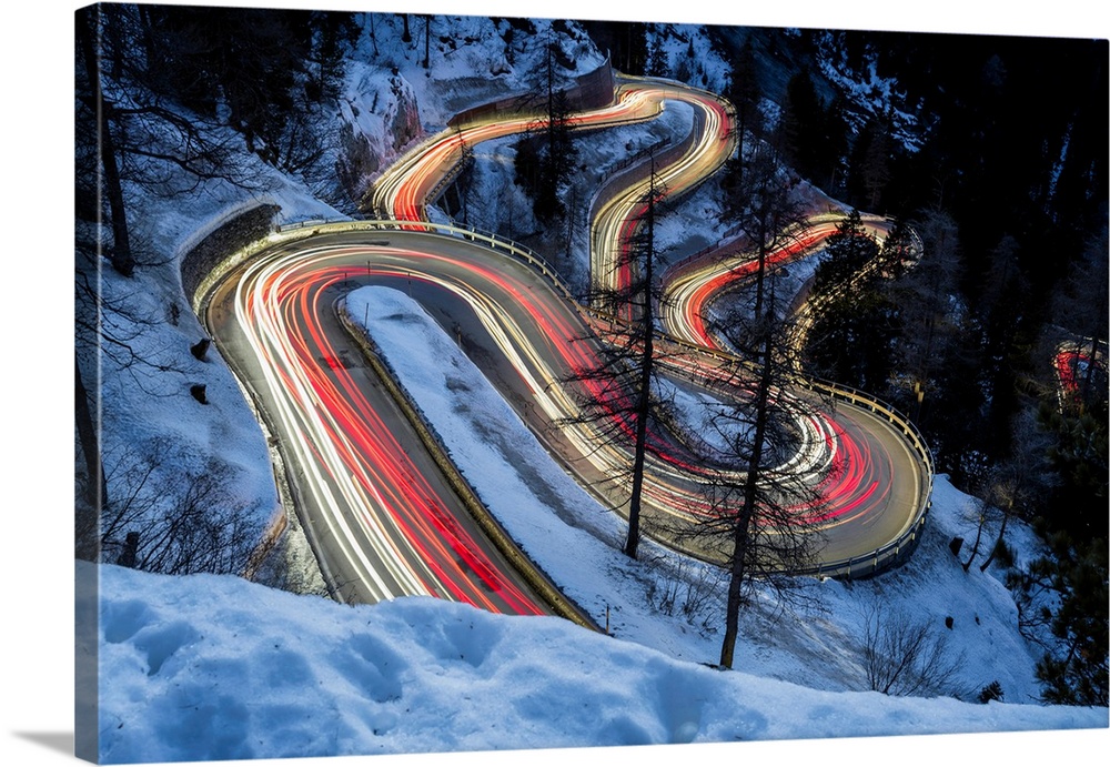 Winter view of Maloja Pass road, Graubunden, Switzerland