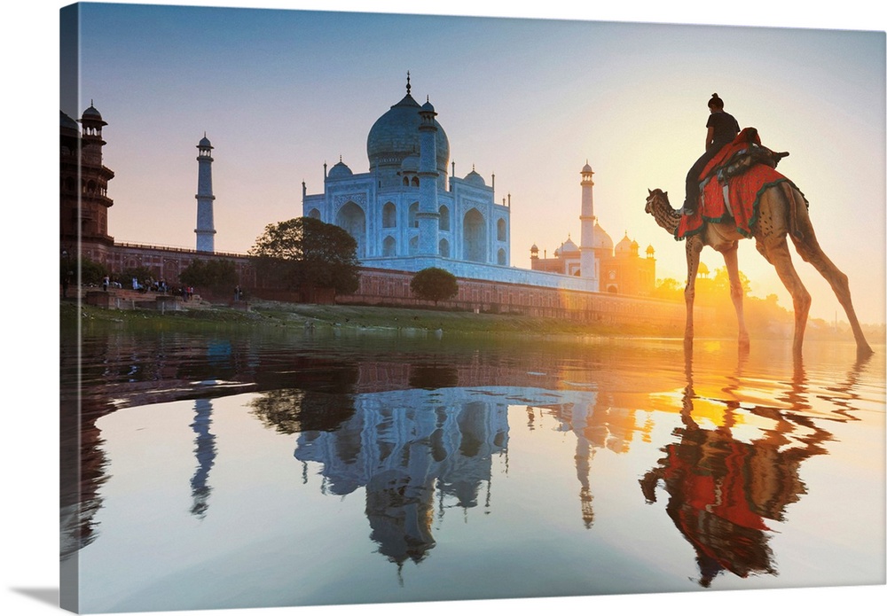 India, Woman Crossing The Yamuna River On A Camel With The Taj Mahal In The Background At Sunset